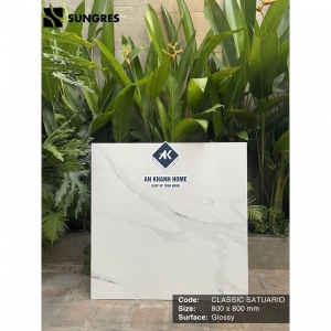 Gạch Ấn Độ 80x80 Màu Trắng Vân Khói Classic Satuario AK-80.005 Bề Mặt Bóng