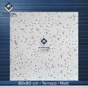 Gạch 80x80 Terrazzo màu kem hạt nhiều màu nâu đen vàng mờ