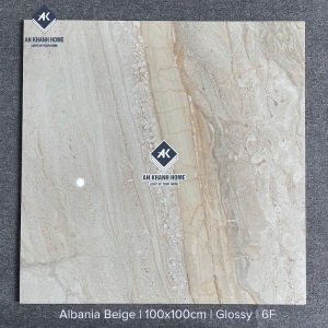 Gạch Ấn Độ 100x100 Màu Vàng Kem Vân Đá Marble Albania Beige Bề Mặt Bóng