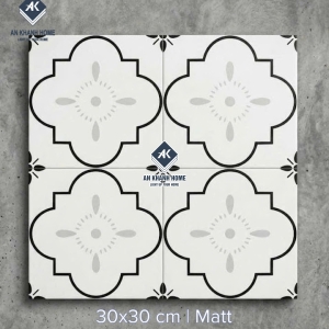 Gạch bông 30x30 hoạ tiết cánh hoa cổ điển màu đen trắng xám