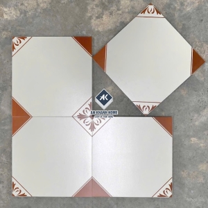 Gạch bông 30x30cm màu trắng kem nhấn góc nâu đỏ   