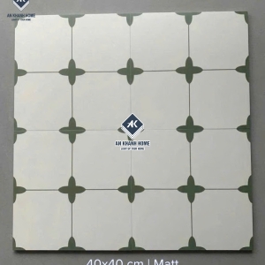 Gạch bông 40x40 hoạ tiết cánh hoa màu xanh lá nền trắng