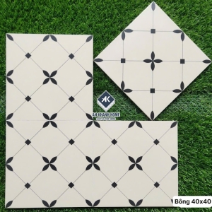 Gạch bông 40x40 màu trắng kem hoạ tiết đen đối xứng