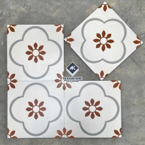 Gạch bông cổ điển 30x30 trắng kem hoa mai nâu đỏ