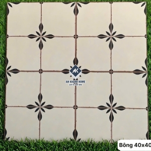 Gạch bông cổ điển 40x40 màu kem hoạ tiết đen
