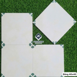 Gạch bông trung quốc 40x40 trắng kem hoa văn xanh lá