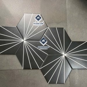 Gạch lục giác 20x23 đen mờ họa tiết chỉ xòe 5 tia trắng đẹp