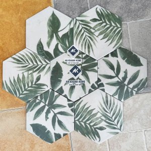 Gạch lục giác 20x23 trang trí họa tiết vẽ lá cây màu xanh