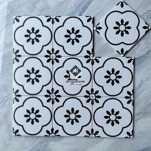 Gạch bông 20x20 màu trắng  hoạ tiết hoa 4 cánh đen bề mặt mờ