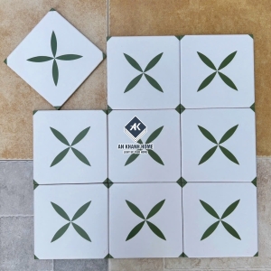 Gạch bông 20x20 MHB 666 màu trắng hoạ tiết hoa 4 cánh xanh bề mặt mờ