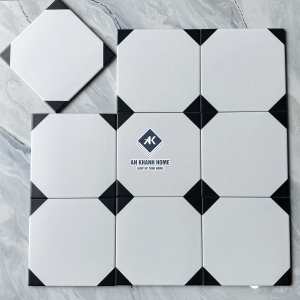 Gạch bông 20x20 màu trắng 4 góc màu đen bề mặt mờ