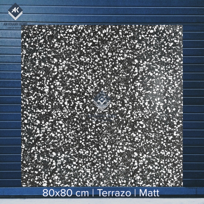 Gạch 80x80 Terrazzo đá mài màu đen hạt trắng mờ