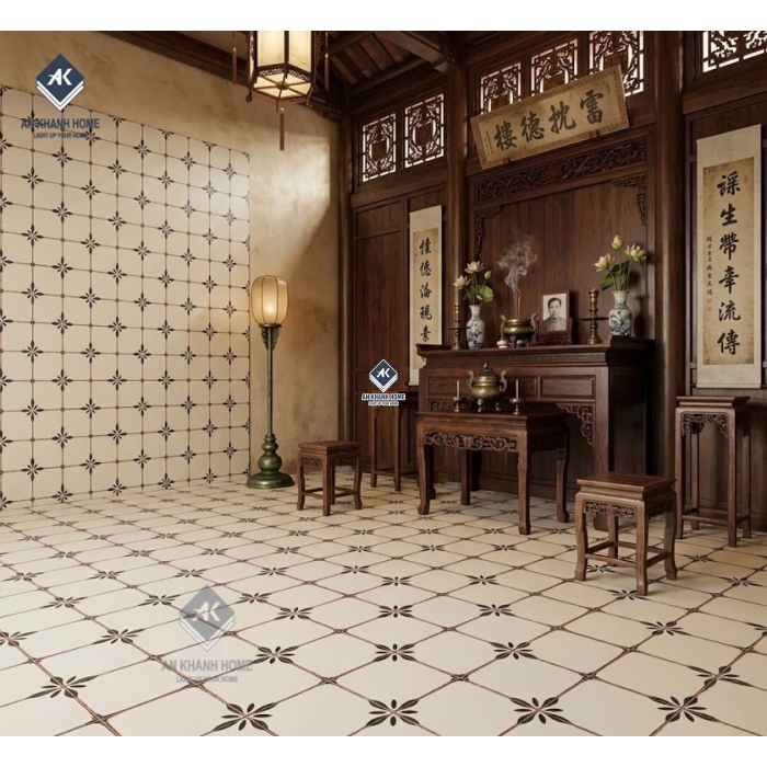 Gạch bông cổ điển 40x40 màu kem hoạ tiết đen