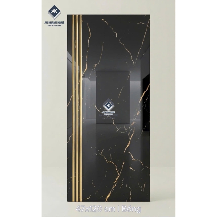 Gạch cầu thang 47x120 đen vân vàng trắng tia chớp khắc kim nhũ vàng