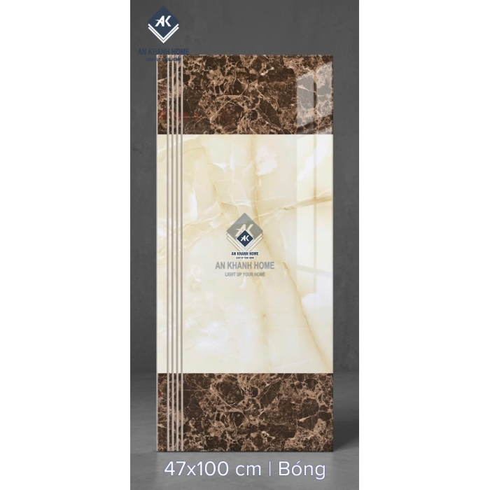 Gạch ốp lát bậc cầu thang 47x100cm vân đá vàng kem nâu đậm