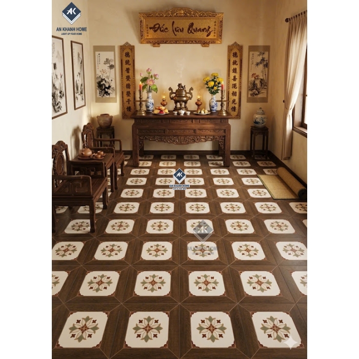 Gạch bông ốp lát 30x30cm hoạ tiết cổ điển phối viền gỗ