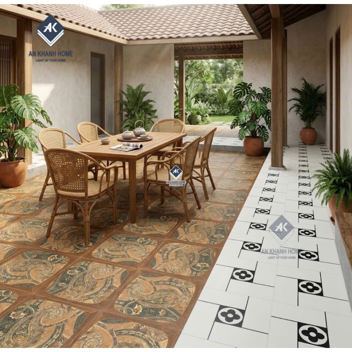 Gạch bông trang trí 40x40 đen trắng hoạ tiết hoa 4 cánh hiện đại