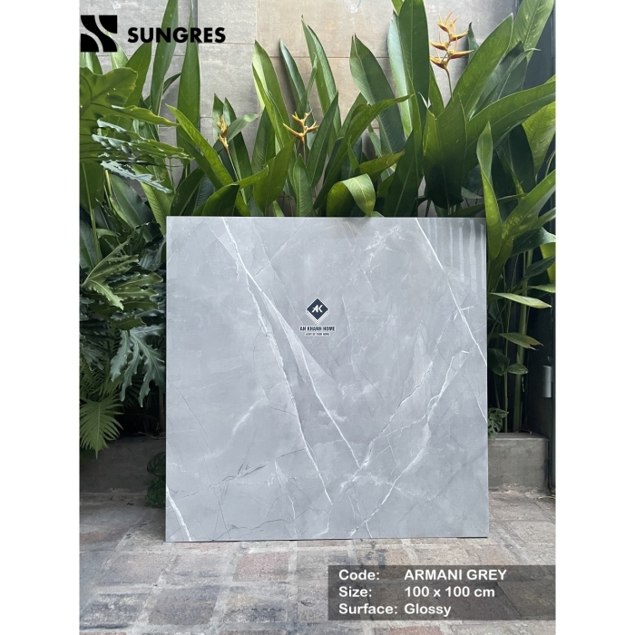 Gạch Ấn Độ 100x100 Màu Xám Nhạt Vân Đá Armani Grey Bề Mặt Bóng