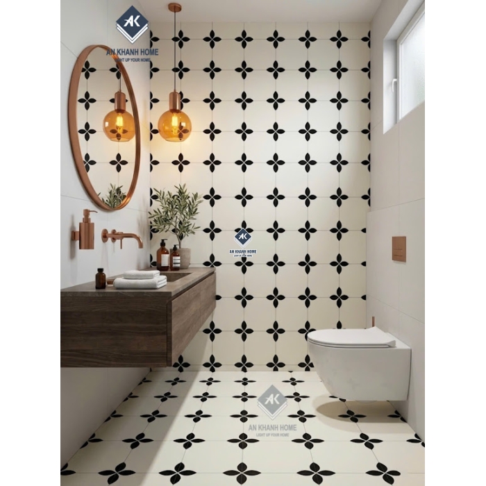 Gạch bông 30x30 nền trắng kem hoạ tiết hoa 4 cánh đen