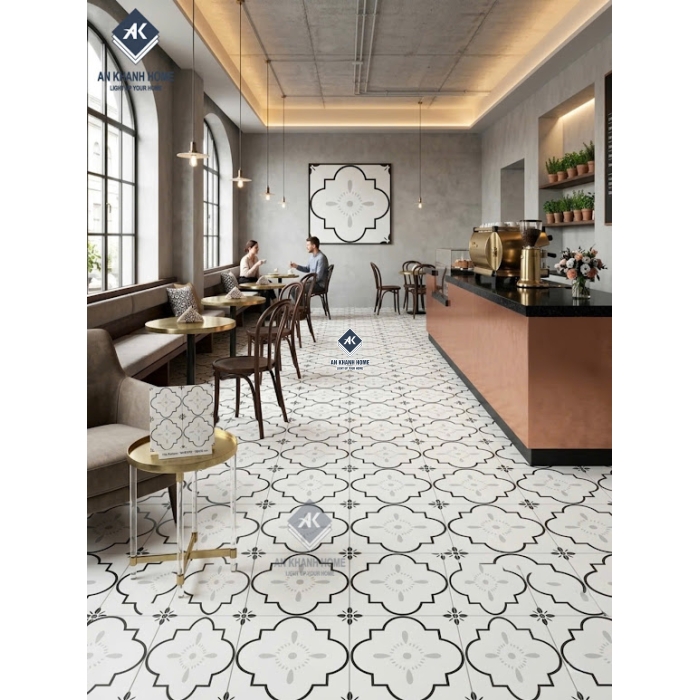 Gạch bông 30x30 hoạ tiết cánh hoa cổ điển màu đen trắng xám