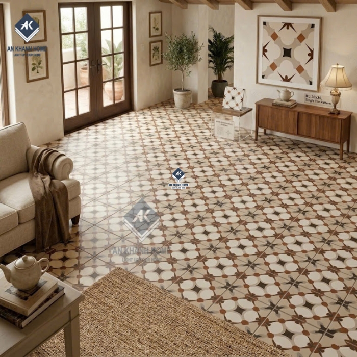 Gạch bông 30x30 hoạ tiết hình học đối xứng màu nâu xanh Navy