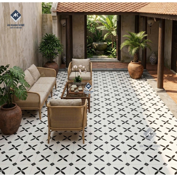 Gạch bông 40x40 nền trắng hoạ tiết cánh hoa đen cổ điển tối giản