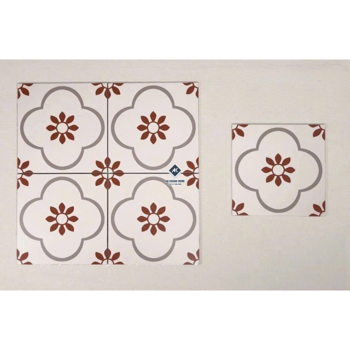 Gạch bông cổ điển 30x30 trắng kem hoa mai nâu đỏ