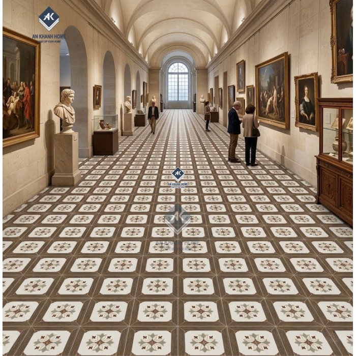 Gạch bông ốp lát 30x30cm hoạ tiết cổ điển phối viền gỗ