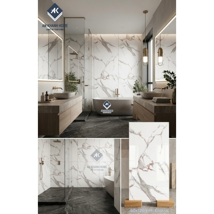 Gạch ốp lát 60x120 vân đá Marble nâu trắng xám bóng kính