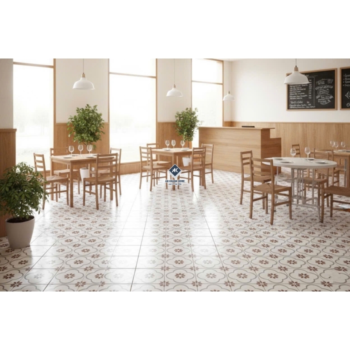 Gạch bông cổ điển 30x30 trắng kem hoa mai nâu đỏ