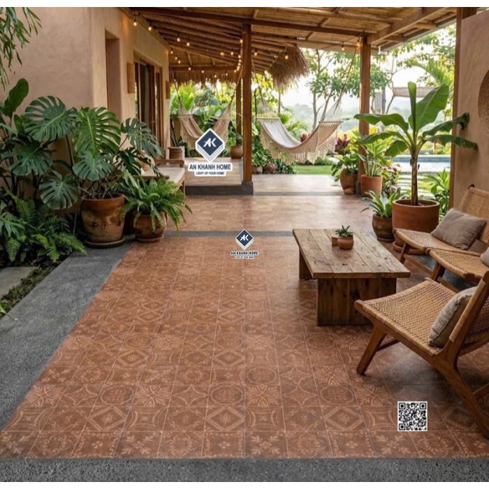 Gạch bông 40x40 hoa văn giả cổ màu nâu đỏ