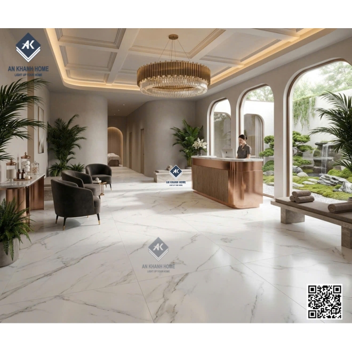 Gạch ấn độ 100x100 trắng mờ vân đá xám khói Emperald White