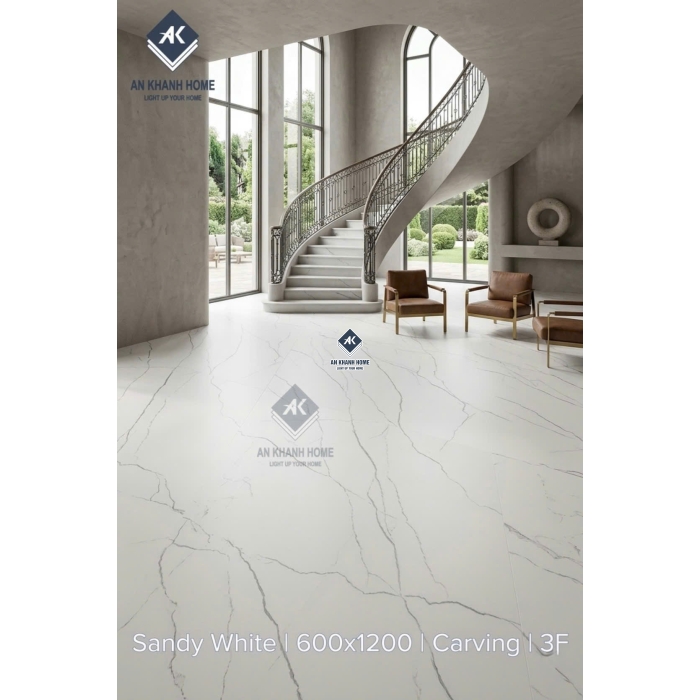 Gạch 60x120cm Sandy White trắng mờ Carving bề mặt điêu khắc