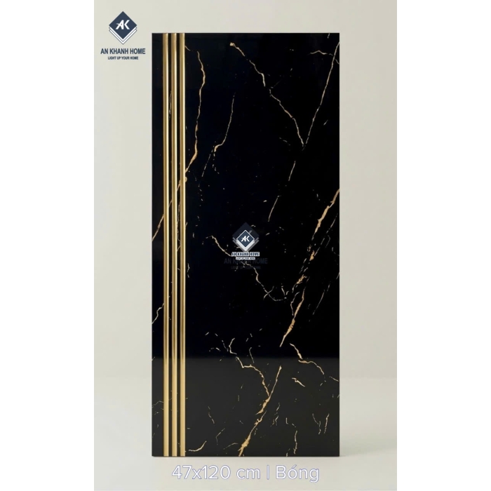 Gạch cầu thang 47x120 đen vân vàng trắng tia chớp khắc kim nhũ vàng