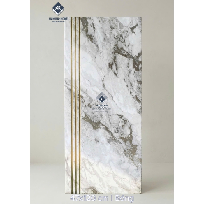 Gạch lát cầu thang 47x120 trắng vân đá marble nhũ vàng