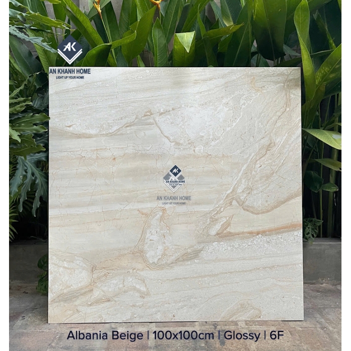 Gạch ấn độ 100x100 màu vàng kem vân đá Marble Albania Beige bề mặt bóng kiếng