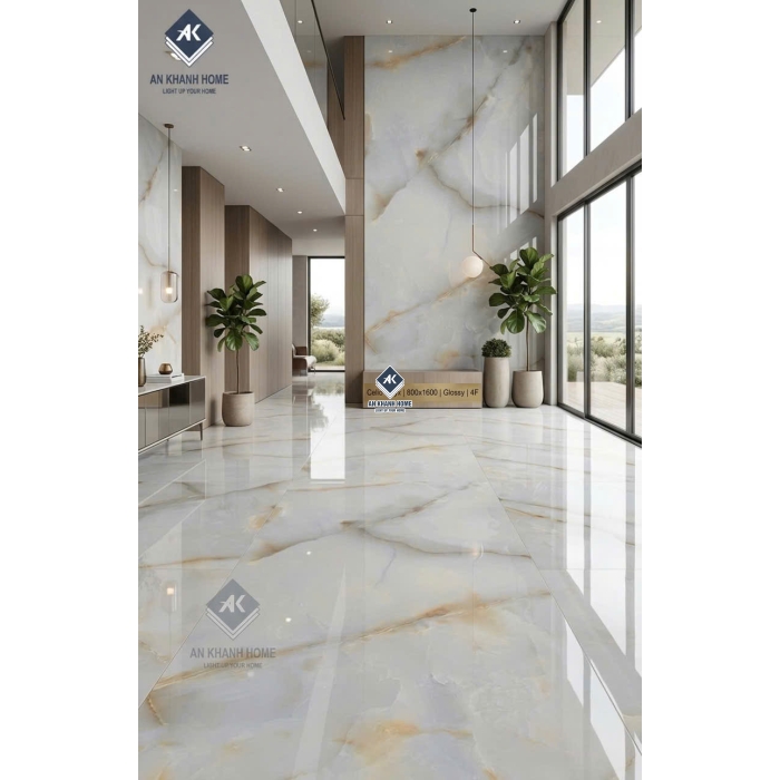 Gạch lát nền ấn độ 80x160 kem vân đá Onyx bóng kiếng