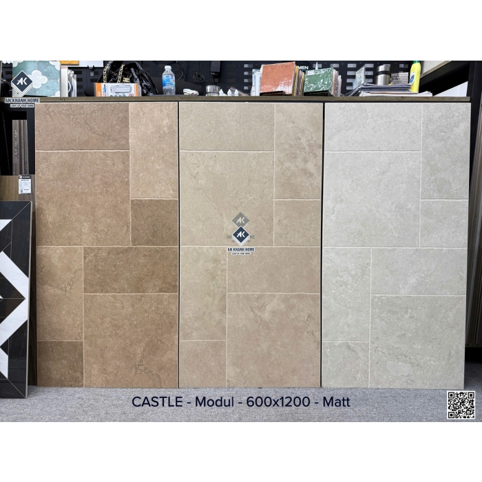 Gạch 60x120 nhiều Modul mờ Travertine giả đá ghép màu xám trắng