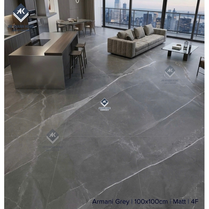 Gạch lát nền ấn độ 100x100 Armani Grey đá mờ Marble xám đậm vân trắng