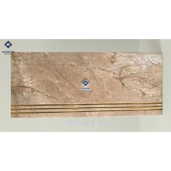 Gạch lát cầu thang 47x120 màu nâu vân đá khắc kim nhũ vàng