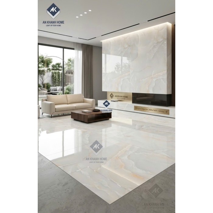Gạch lát nền 80x160 màu kem vân đá Onyx bóng kiếng