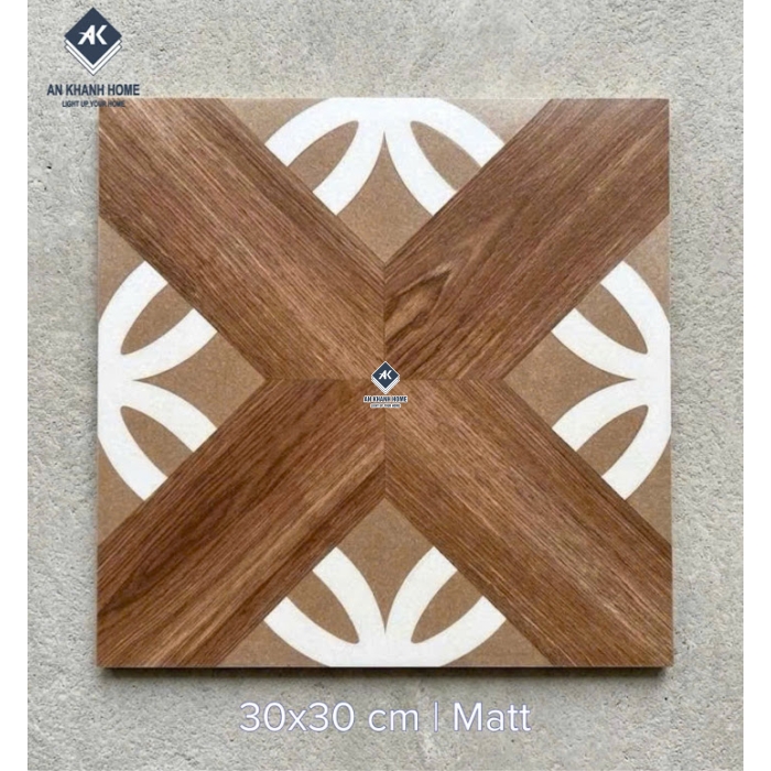 Gạch bông 30x30 hoạ tiết gỗ nhấn hoa đối xứng