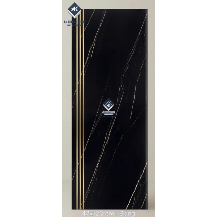 Gạch cầu thang 47x120 bề mặt màu đen khắc kim nhũ vàng