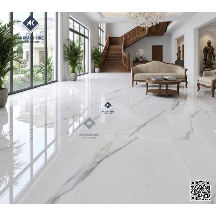 Gạch lát nền ấn độ 100x100cm bóng kiếng trắng vân Marble xám