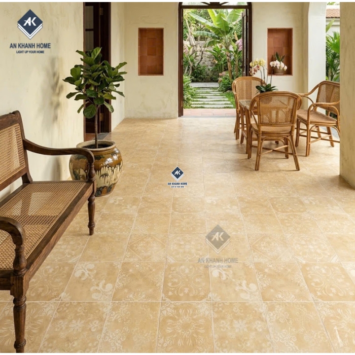 Gạch bông xương đá 40x40 màu vàng kem hoạ tiết cổ điển