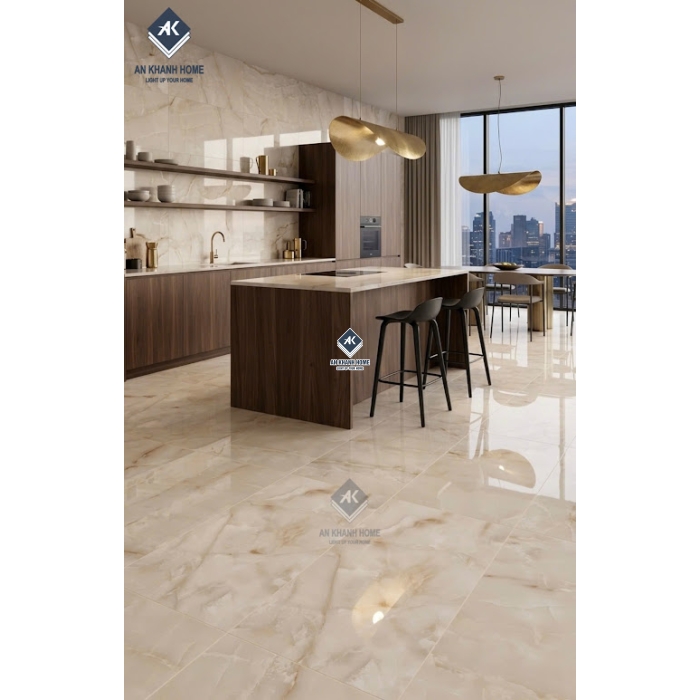 Gạch lát nền ấn độ 60x120 bóng kính kem vân đá cao cấp