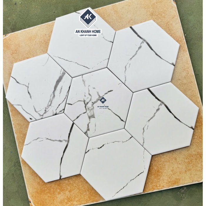Gạch lục giác 200x230mm men mờ trắng vân đá Marble xám đen