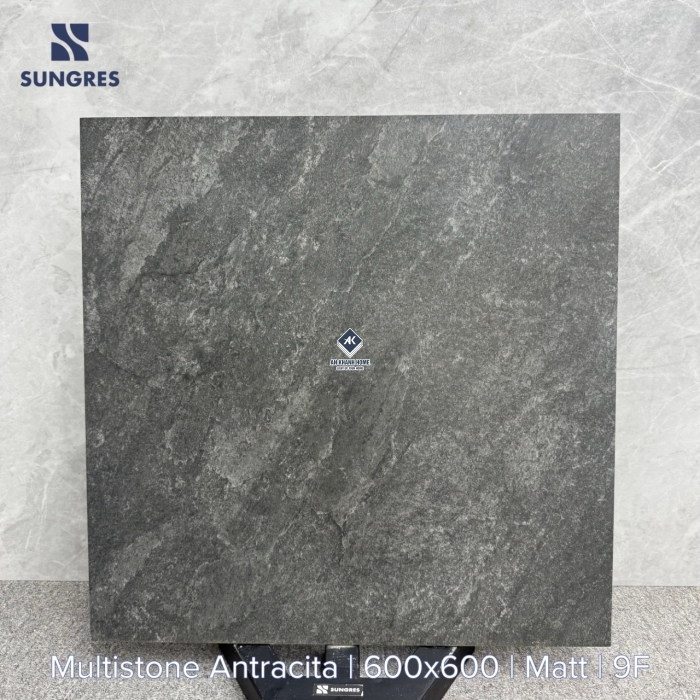 Gạch Ấn Độ 60x60 Xám Đậm Vân Đá Mutistone Antracita Bề Mặt Mờ
