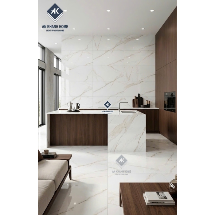 Gạch ốp lát ấn độ 60x120 bóng kính trắng vân vàng nhạt