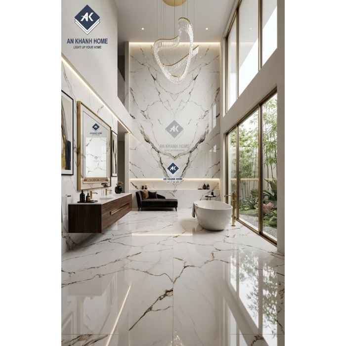 Gạch lát nền bóng kính 60x120 ấn độ trắng vân vàng sang trọng